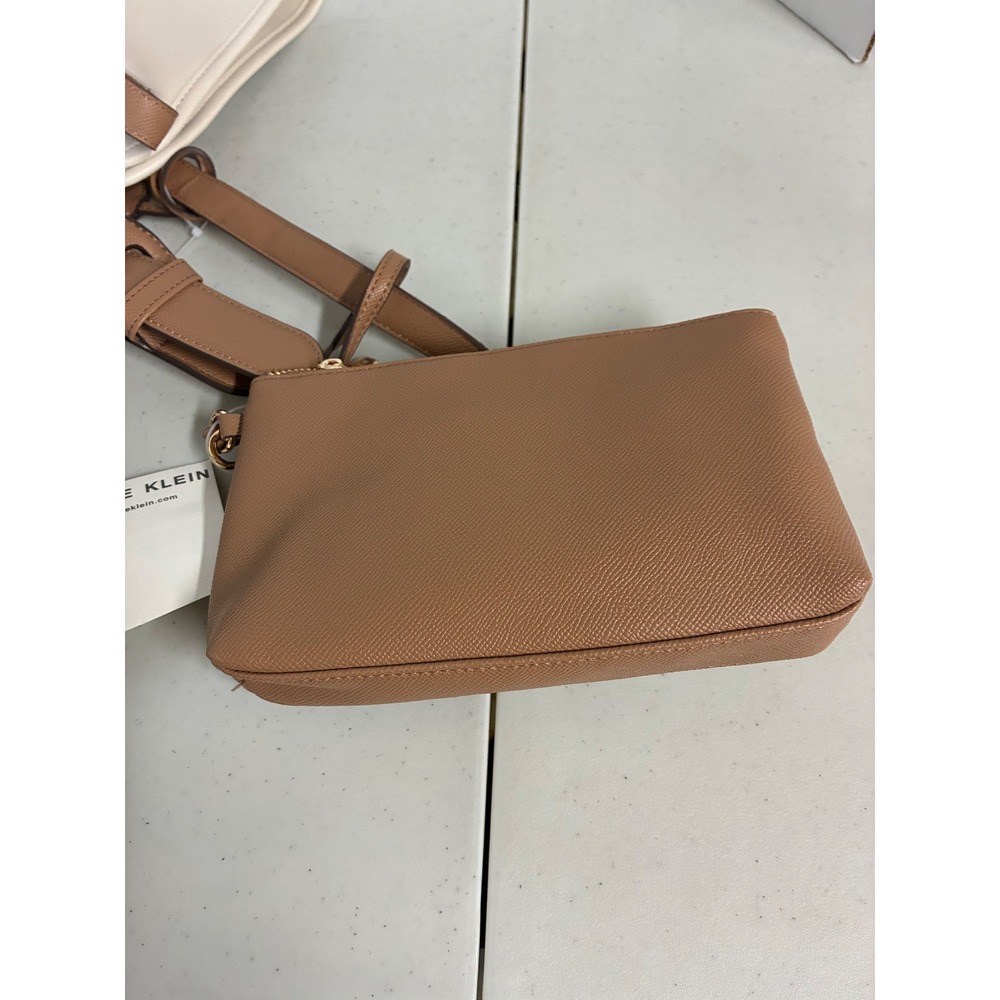 Anne Klein Two Tone Cream Cognac Brown Faux Leather Tote Bag with Pouch NWT - Picture 8 of 9